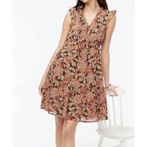 J Crew Women Dress Ruffle V-neck Mini Pink Multicolored Floral Boho Size 2 NWT